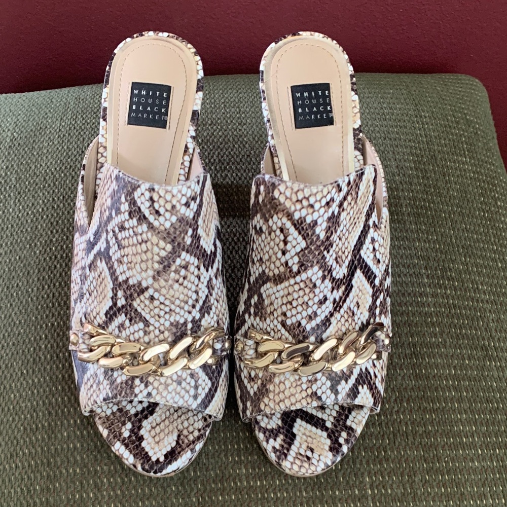 White House Black Market Snake Skin Mules with Gold Chain Accent